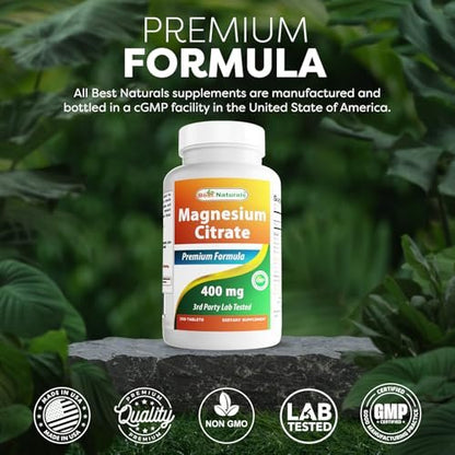 Best Naturals Magnesium Citrat 400 mg, 250 Tabletten – Elementares Magnesium pro 2 Tabletten, Nahrungsergänzungsmittel