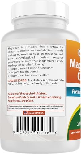 Best Naturals Magnesium Citrat 400 mg, 250 Tabletten – Elementares Magnesium pro 2 Tabletten, Nahrungsergänzungsmittel