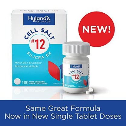 Hyland's No. 12 Cell Salt Silicea 6X Tabletten – Akne- und Mitesserbehandlung, Haar- und Nagelwachstumsergänzung, Hautreizungen, schnell lösliche Tabletten, 100 Stück