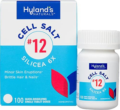 Hyland's No. 12 Cell Salt Silicea 6X Tabletten – Akne- und Mitesserbehandlung, Haar- und Nagelwachstumsergänzung, Hautreizungen, schnell lösliche Tabletten, 100 Stück