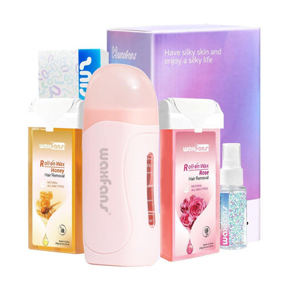 Waxfans Roll-On-Wachs-Set – Enthaarungsset für Damen und Herren, mit Honig- und Rosenwachspatronen & 50 Wachsstreifen, für alle Hauttypen