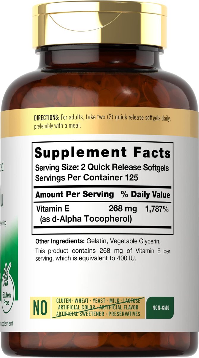 Carlyle Vitamin E 400 IE Weichkapseln | 250 Stück | Natürlich gewonnenes Nahrungsergänzungsmittel für Männer und Frauen | Non-GMO und Glutenfrei