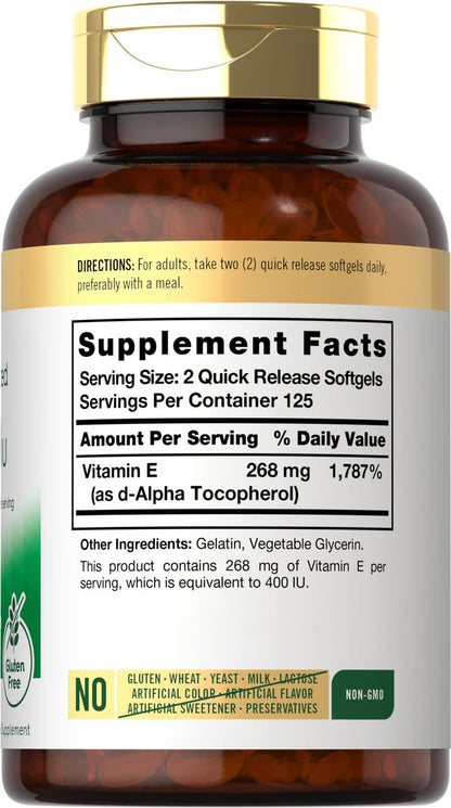 Carlyle Vitamin E 400 IE Weichkapseln | 250 Stück | Natürlich gewonnenes Nahrungsergänzungsmittel für Männer und Frauen | Non-GMO und Glutenfrei
