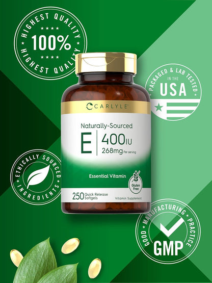 Carlyle Vitamin E 400 IE Weichkapseln | 250 Stück | Natürlich gewonnenes Nahrungsergänzungsmittel für Männer und Frauen | Non-GMO und Glutenfrei