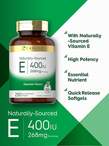 Carlyle Vitamin E 400 IE Weichkapseln | 250 Stück | Natürlich gewonnenes Nahrungsergänzungsmittel für Männer und Frauen | Non-GMO und Glutenfrei