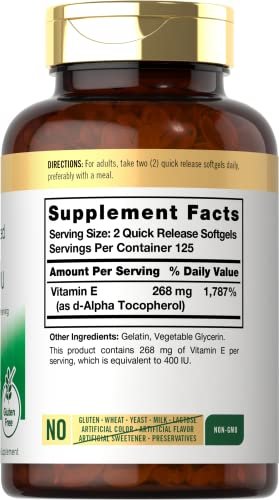 Carlyle Vitamin E 400 IE Weichkapseln | 250 Stück | Natürlich gewonnenes Nahrungsergänzungsmittel für Männer und Frauen | Non-GMO und Glutenfrei