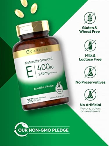 Carlyle Vitamin E 400 IE Weichkapseln | 250 Stück | Natürlich gewonnenes Nahrungsergänzungsmittel für Männer und Frauen | Non-GMO und Glutenfrei