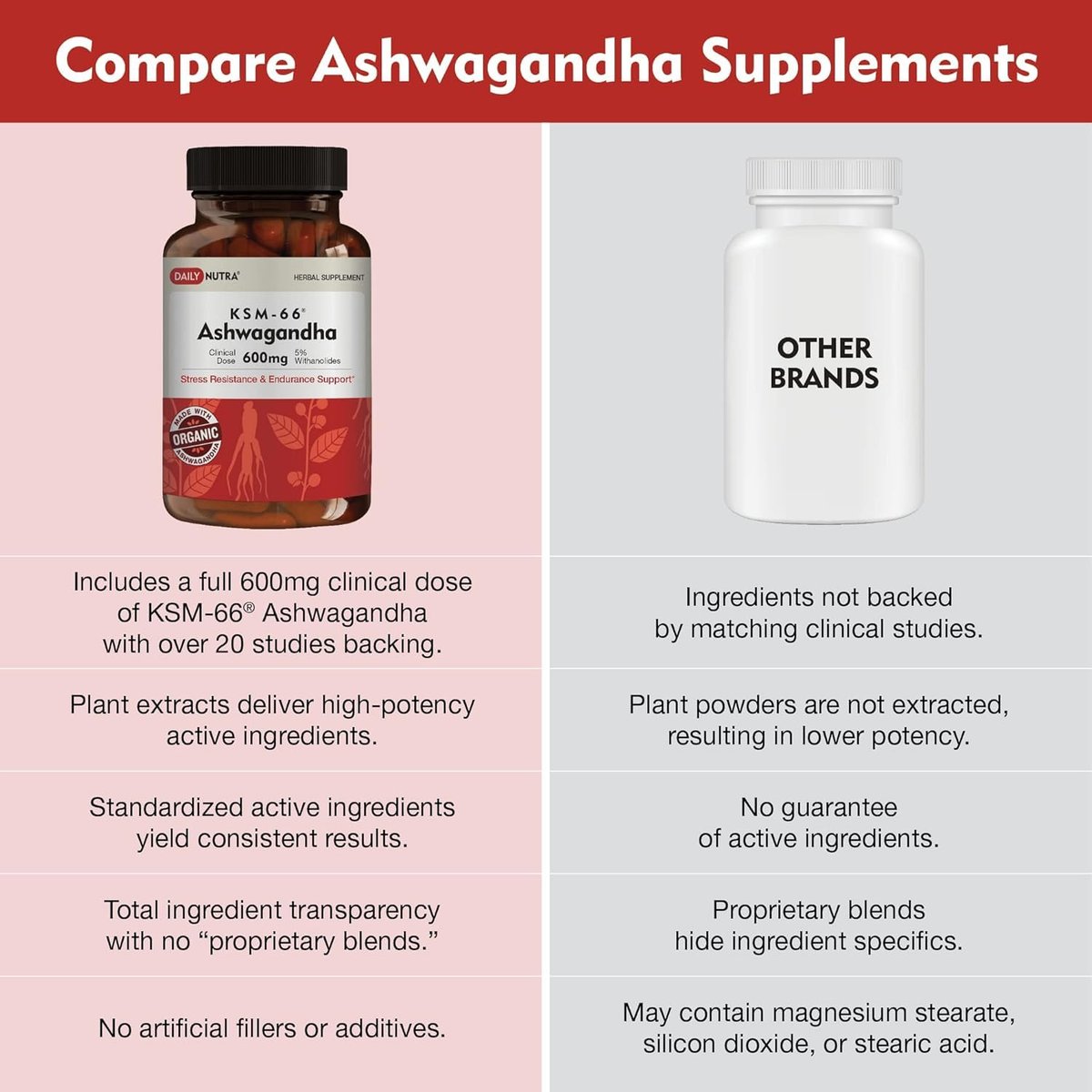 DailyNutra KSM-66 Ashwagandha 600mg Bioaktiver Wurzelextrakt - Hochdosiertes Nahrungsergänzungsmittel mit 5% Withanoliden | Lindert Müdigkeit, Fördert Entspannung, Konzentration, Energie & Muskelwachstum (60 Kapseln)