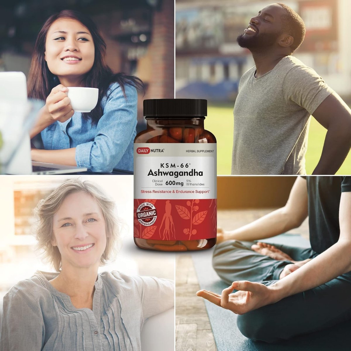 DailyNutra KSM-66 Ashwagandha 600mg Bioaktiver Wurzelextrakt - Hochdosiertes Nahrungsergänzungsmittel mit 5% Withanoliden | Lindert Müdigkeit, Fördert Entspannung, Konzentration, Energie & Muskelwachstum (60 Kapseln)