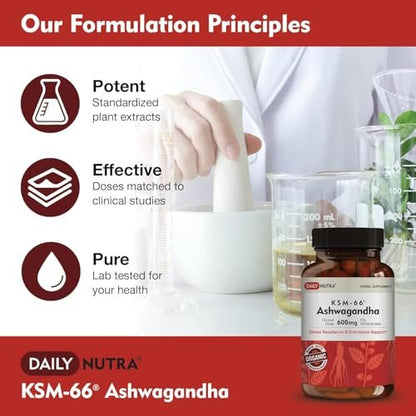 DailyNutra KSM-66 Ashwagandha 600mg Bioaktiver Wurzelextrakt - Hochdosiertes Nahrungsergänzungsmittel mit 5% Withanoliden | Lindert Müdigkeit, Fördert Entspannung, Konzentration, Energie & Muskelwachstum (60 Kapseln)