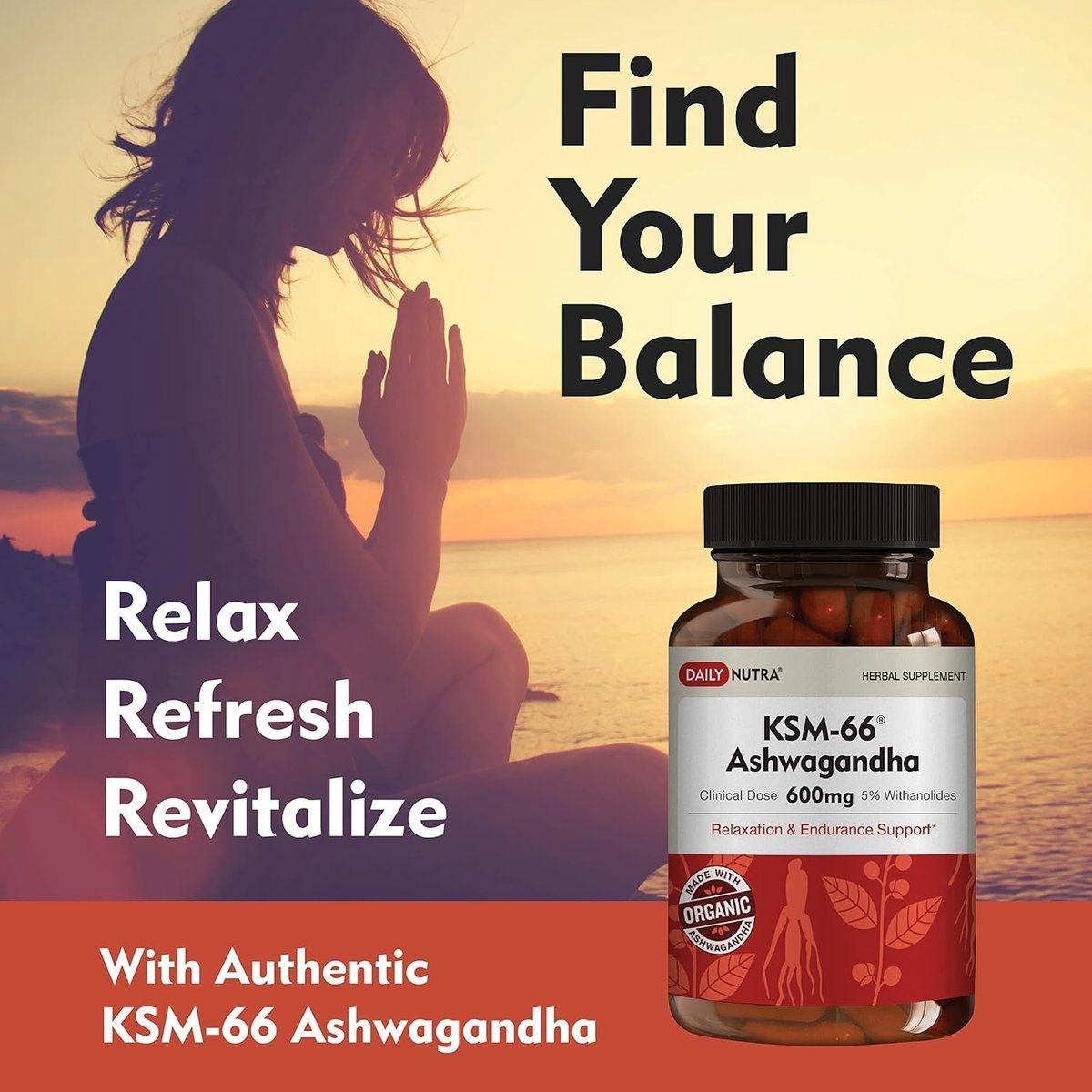 DailyNutra KSM-66 Ashwagandha 600mg Bioaktiver Wurzelextrakt - Hochdosiertes Nahrungsergänzungsmittel mit 5% Withanoliden | Lindert Müdigkeit, Fördert Entspannung, Konzentration, Energie & Muskelwachstum (60 Kapseln)