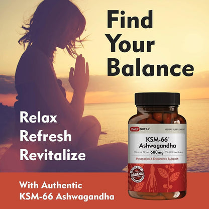 DailyNutra KSM-66 Ashwagandha 600mg Bioaktiver Wurzelextrakt - Hochdosiertes Nahrungsergänzungsmittel mit 5% Withanoliden | Lindert Müdigkeit, Fördert Entspannung, Konzentration, Energie & Muskelwachstum (60 Kapseln)