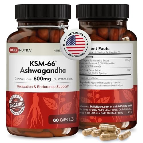 DailyNutra KSM-66 Ashwagandha 600mg Bioaktiver Wurzelextrakt - Hochdosiertes Nahrungsergänzungsmittel mit 5% Withanoliden | Lindert Müdigkeit, Fördert Entspannung, Konzentration, Energie & Muskelwachstum (60 Kapseln)