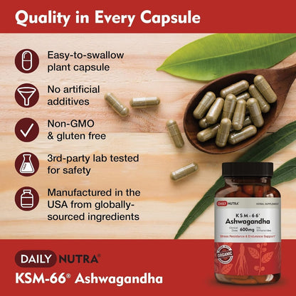 DailyNutra KSM-66 Ashwagandha 600mg Bioaktiver Wurzelextrakt - Hochdosiertes Nahrungsergänzungsmittel mit 5% Withanoliden | Lindert Müdigkeit, Fördert Entspannung, Konzentration, Energie & Muskelwachstum (60 Kapseln)