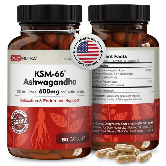 DailyNutra KSM-66 Ashwagandha 600mg Bioaktiver Wurzelextrakt - Hochdosiertes Nahrungsergänzungsmittel mit 5% Withanoliden | Lindert Müdigkeit, Fördert Entspannung, Konzentration, Energie & Muskelwachstum (60 Kapseln)