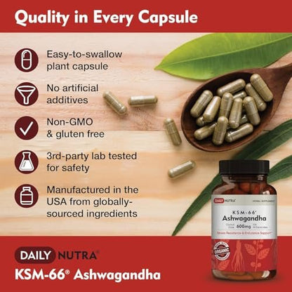 DailyNutra KSM-66 Ashwagandha 600mg Bioaktiver Wurzelextrakt - Hochdosiertes Nahrungsergänzungsmittel mit 5% Withanoliden | Lindert Müdigkeit, Fördert Entspannung, Konzentration, Energie & Muskelwachstum (60 Kapseln)