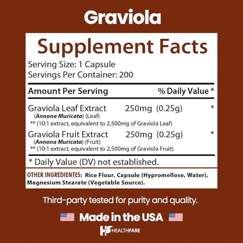 Healthfare Graviola Soursop Extrakt 5000mg | Annona Muricata | 200 vegane Kapseln | Hochdosierte Blatt- & Fruchtmischung | Nicht-GVO | Glutenfrei | Hergestellt in den USA