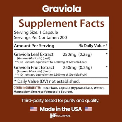 Healthfare Graviola Soursop Extrakt 5000mg | Annona Muricata | 200 vegane Kapseln | Hochdosierte Blatt- & Fruchtmischung | Nicht-GVO | Glutenfrei | Hergestellt in den USA