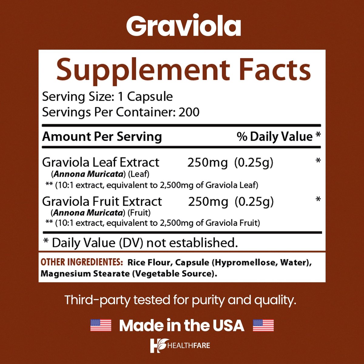 Healthfare Graviola Soursop Extrakt 5000mg | Annona Muricata | 200 vegane Kapseln | Hochdosierte Blatt- & Fruchtmischung | Nicht-GVO | Glutenfrei | Hergestellt in den USA