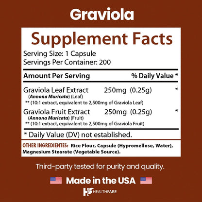 Healthfare Graviola Soursop Extrakt 5000mg | Annona Muricata | 200 vegane Kapseln | Hochdosierte Blatt- & Fruchtmischung | Nicht-GVO | Glutenfrei | Hergestellt in den USA