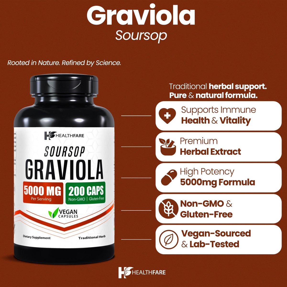 Healthfare Graviola Soursop Extrakt 5000mg | Annona Muricata | 200 vegane Kapseln | Hochdosierte Blatt- & Fruchtmischung | Nicht-GVO | Glutenfrei | Hergestellt in den USA