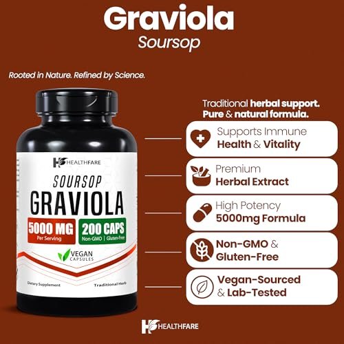 Healthfare Graviola Soursop Extrakt 5000mg | Annona Muricata | 200 vegane Kapseln | Hochdosierte Blatt- & Fruchtmischung | Nicht-GVO | Glutenfrei | Hergestellt in den USA