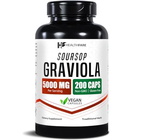 Healthfare Graviola Soursop Extrakt 5000mg | Annona Muricata | 200 vegane Kapseln | Hochdosierte Blatt- & Fruchtmischung | Nicht-GVO | Glutenfrei | Hergestellt in den USA
