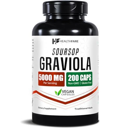 Healthfare Graviola Soursop Extrakt 5000mg | Annona Muricata | 200 vegane Kapseln | Hochdosierte Blatt- & Fruchtmischung | Nicht-GVO | Glutenfrei | Hergestellt in den USA