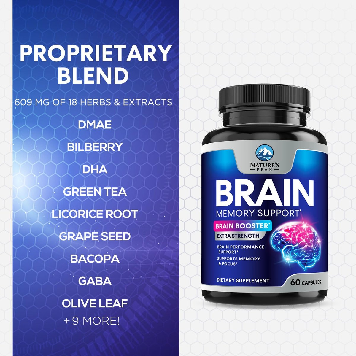 Natur's Peak Gehirn Booster – 3-fache Stärke Nootropika für Konzentration, Klarheit & Fokus – Kognitive Vitamine mit Bacopa, Phosphatidylserin & DMAE – 60 Kapseln