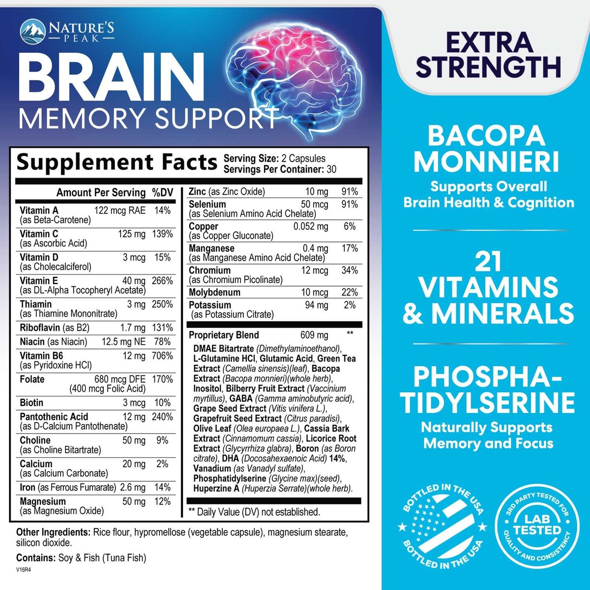 Natur's Peak Gehirn Booster – 3-fache Stärke Nootropika für Konzentration, Klarheit & Fokus – Kognitive Vitamine mit Bacopa, Phosphatidylserin & DMAE – 60 Kapseln