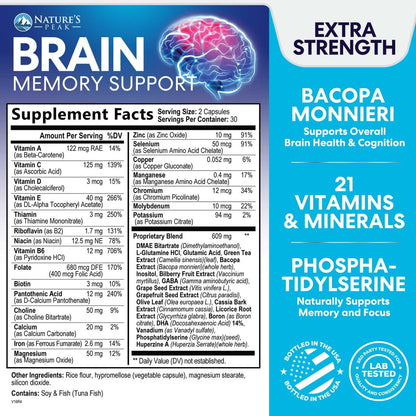 Natur's Peak Gehirn Booster – 3-fache Stärke Nootropika für Konzentration, Klarheit & Fokus – Kognitive Vitamine mit Bacopa, Phosphatidylserin & DMAE – 60 Kapseln