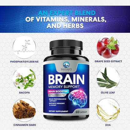 Natur's Peak Gehirn Booster – 3-fache Stärke Nootropika für Konzentration, Klarheit & Fokus – Kognitive Vitamine mit Bacopa, Phosphatidylserin & DMAE – 60 Kapseln
