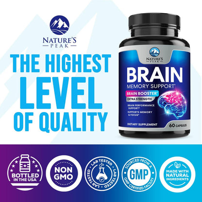 Natur's Peak Gehirn Booster – 3-fache Stärke Nootropika für Konzentration, Klarheit & Fokus – Kognitive Vitamine mit Bacopa, Phosphatidylserin & DMAE – 60 Kapseln