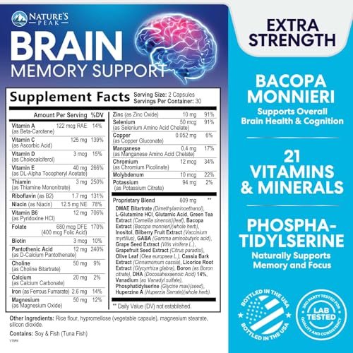 Natur's Peak Gehirn Booster – 3-fache Stärke Nootropika für Konzentration, Klarheit & Fokus – Kognitive Vitamine mit Bacopa, Phosphatidylserin & DMAE – 60 Kapseln
