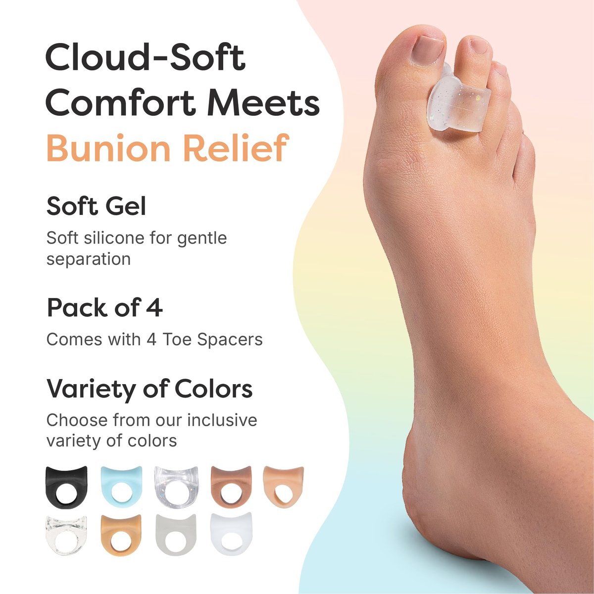 ZenToes Gel-Zehenspreizer für überlappende Zehen, Hallux Valgus, Großzehenausrichtung, Korrektor und Abstandshalter - 4er-Pack (Glitzer)