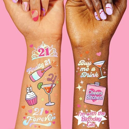 xo, Fetti 21. Geburtstag Party Dekorationen temporäre Tattoos - 48 Stück | Lustige Geburtstagsmädchen-Party, Endlich 21, RIP Fake ID, HBD, Disco Cowgirl Party, Twenty One Tiara