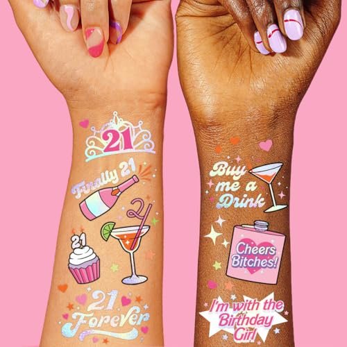xo, Fetti 21. Geburtstag Party Dekorationen temporäre Tattoos - 48 Stück | Lustige Geburtstagsmädchen-Party, Endlich 21, RIP Fake ID, HBD, Disco Cowgirl Party, Twenty One Tiara