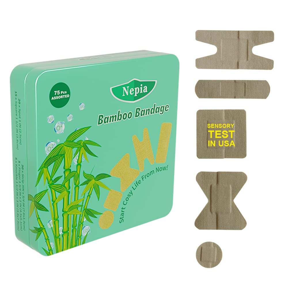 Nepia Hypoallergene Bambus-Pflaster, gemischte Formen, PFAS-frei & Latexfrei, umweltfreundlich kompostierbar, für empfindliche Haut & Schürfwunden, flexible Stoff-Familienpackung (75 Stück)
