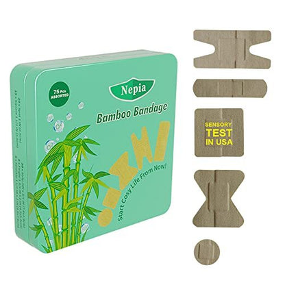 Nepia Hypoallergene Bambus-Pflaster, gemischte Formen, PFAS-frei & Latexfrei, umweltfreundlich kompostierbar, für empfindliche Haut & Schürfwunden, flexible Stoff-Familienpackung (75 Stück)