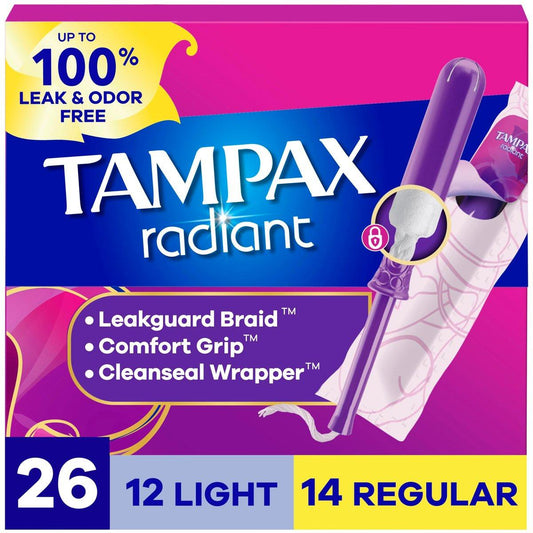 Tampax Radiant Tampons Multipack, mit LeakGuard-Braid, leichte/mittlere Saugstärke, unparfümiert, 26 Stück