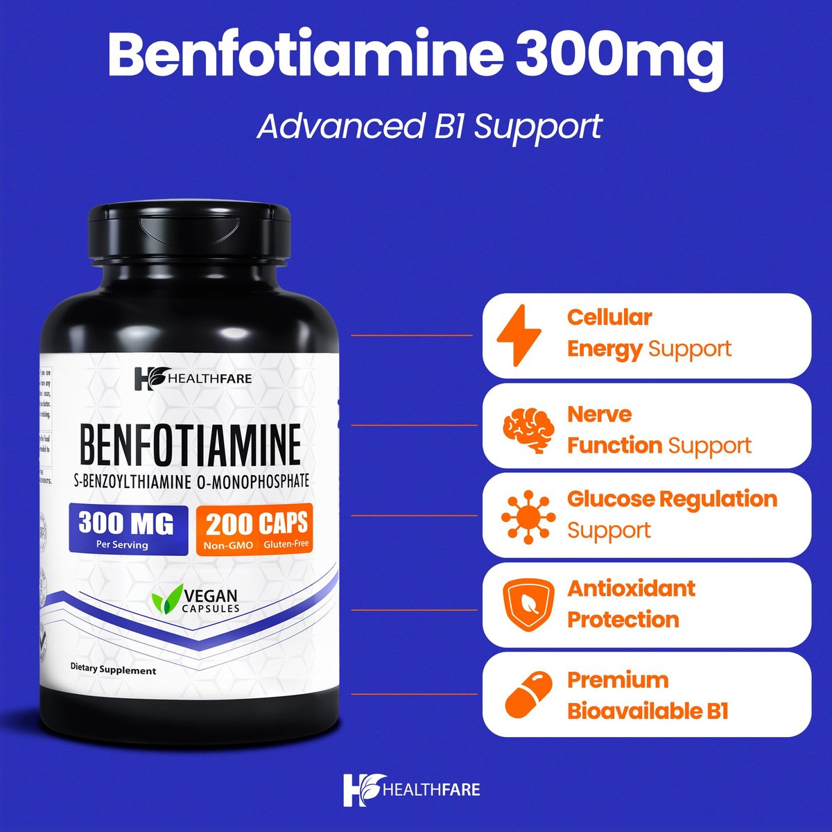 Healthfare Benfotiamin 300 mg | 200 vegane Kapseln | Verbesserte Aufnahme | Unterstützt die allgemeine Gesundheit | Erhöhte Bioverfügbarkeit
