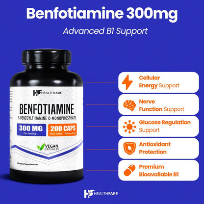 Healthfare Benfotiamin 300 mg | 200 vegane Kapseln | Verbesserte Aufnahme | Unterstützt die allgemeine Gesundheit | Erhöhte Bioverfügbarkeit