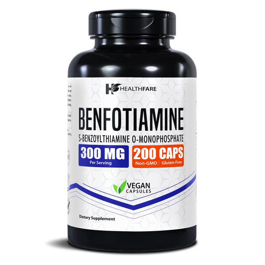 Healthfare Benfotiamin 300 mg | 200 vegane Kapseln | Verbesserte Aufnahme | Unterstützt die allgemeine Gesundheit | Erhöhte Bioverfügbarkeit
