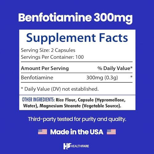 Healthfare Benfotiamin 300 mg | 200 vegane Kapseln | Verbesserte Aufnahme | Unterstützt die allgemeine Gesundheit | Erhöhte Bioverfügbarkeit