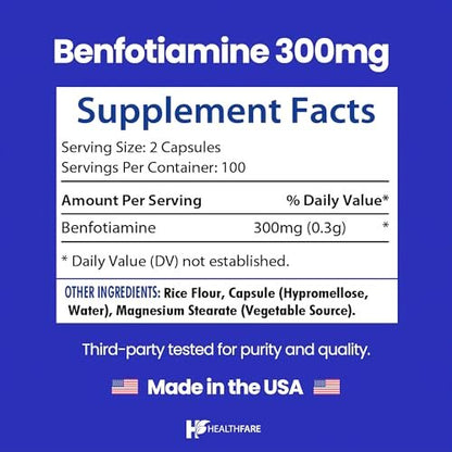 Healthfare Benfotiamin 300 mg | 200 vegane Kapseln | Verbesserte Aufnahme | Unterstützt die allgemeine Gesundheit | Erhöhte Bioverfügbarkeit