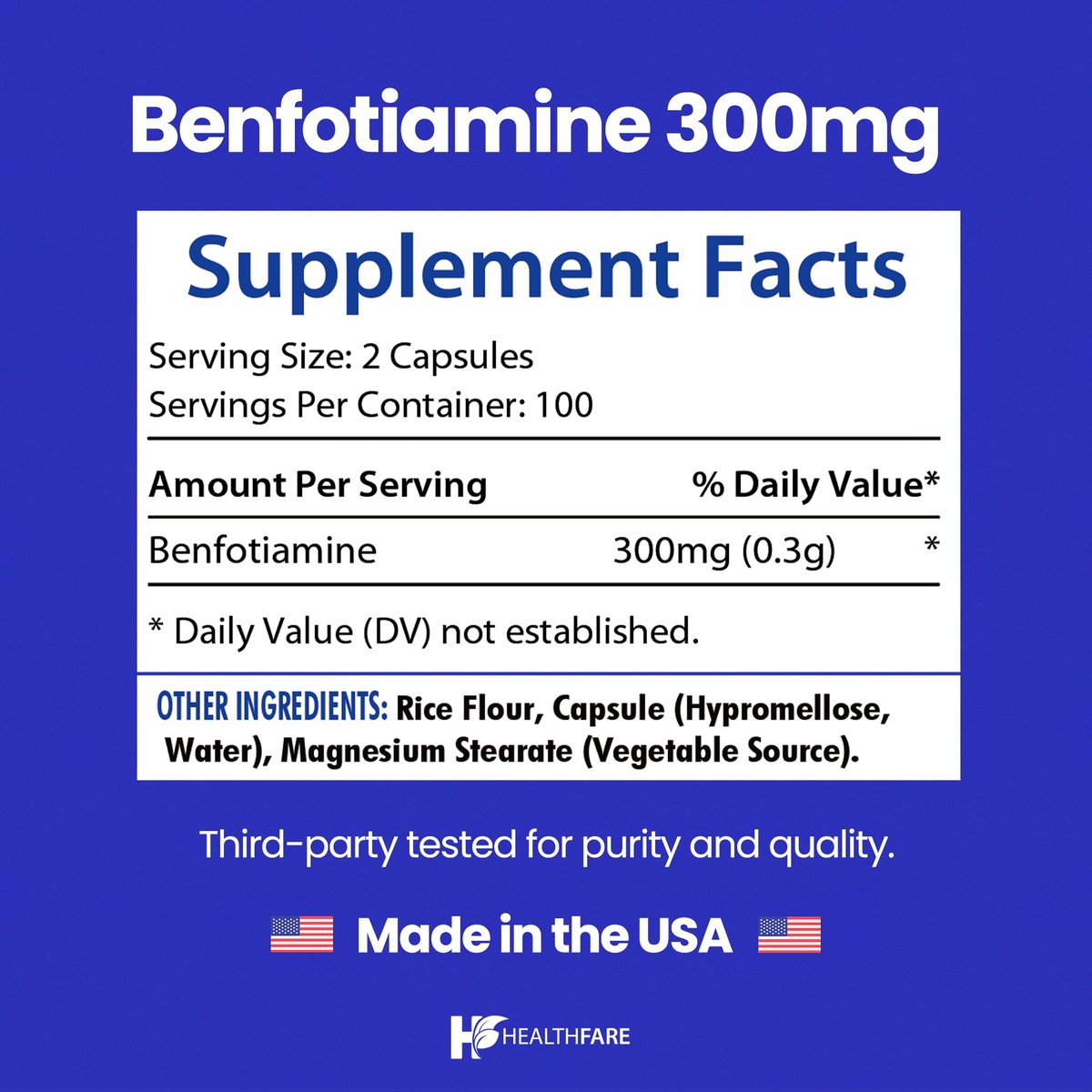 Healthfare Benfotiamin 300 mg | 200 vegane Kapseln | Verbesserte Aufnahme | Unterstützt die allgemeine Gesundheit | Erhöhte Bioverfügbarkeit