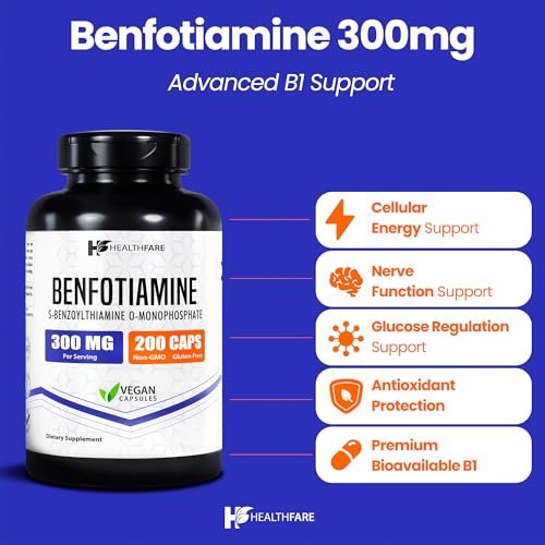 Healthfare Benfotiamin 300 mg | 200 vegane Kapseln | Verbesserte Aufnahme | Unterstützt die allgemeine Gesundheit | Erhöhte Bioverfügbarkeit