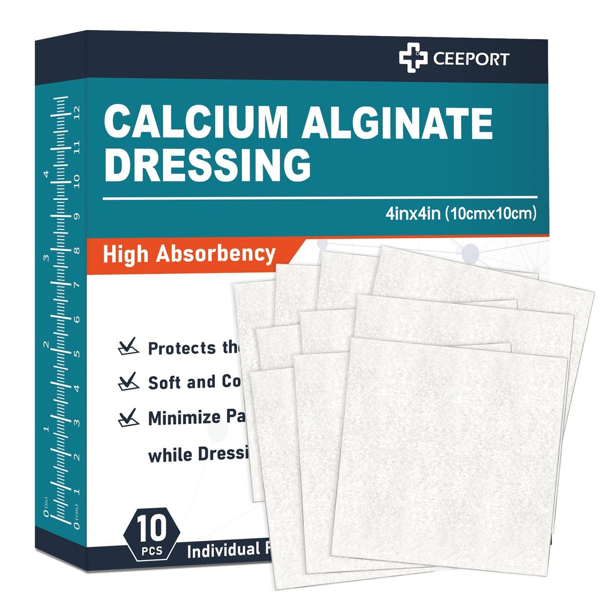 Ceeport Calcium-Alginat-Wundverband Pads, 10 x 10 cm (4x4 Zoll) [10er Pack], Hohe Saugfähigkeit, weiche Wundversorgung, sanft und nicht klebend