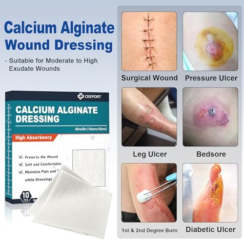 Ceeport Calcium-Alginat-Wundverband Pads, 10 x 10 cm (4x4 Zoll) [10er Pack], Hohe Saugfähigkeit, weiche Wundversorgung, sanft und nicht klebend