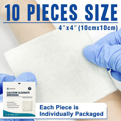 Ceeport Calcium-Alginat-Wundverband Pads, 10 x 10 cm (4x4 Zoll) [10er Pack], Hohe Saugfähigkeit, weiche Wundversorgung, sanft und nicht klebend